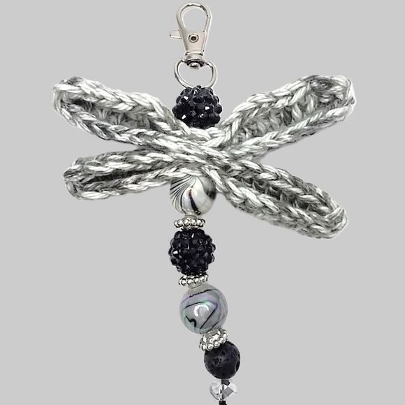 Crochet Dragonfly Bag Charm Hand Crafted Blingy Beaded Purse Keychain Black NEW - Picture 1 of 11